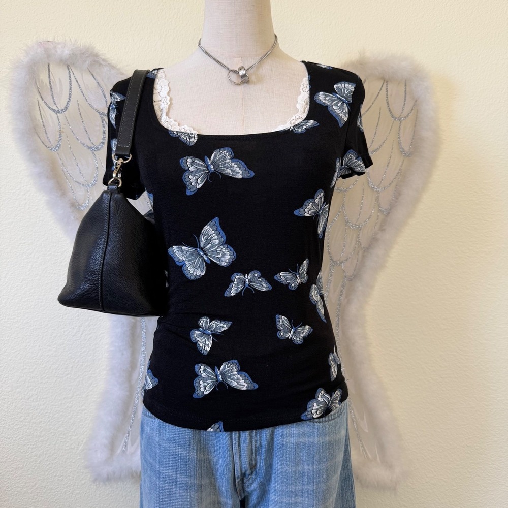 Girly Grunge Black Blue Butterfly Square Neck Short Sleeve Top Stretch 90s Cute